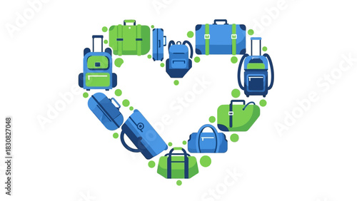 Heart-shaped arrangement of various travel bags and luggage in blue and green hues on a white background with small green dots.