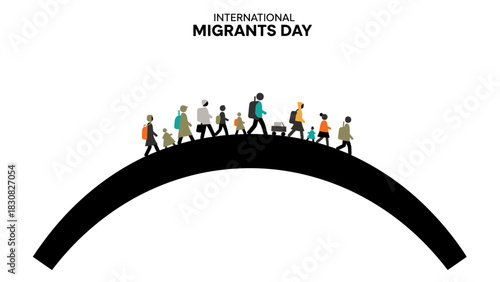 Illustration of diverse people walking on a black archway with luggage on International Migrants Day against a white background.