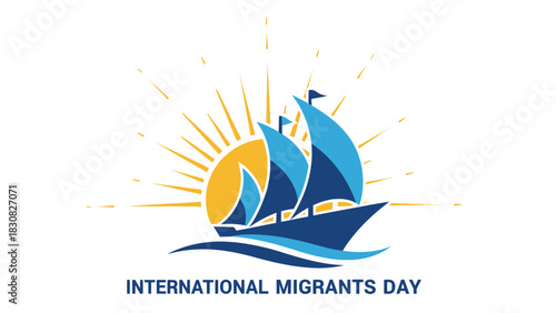 Logo illustration of a blue sailboat with a yellow sunburst on a wavy line, celebrating International Migrants Day with a vibrant and hopeful mood.