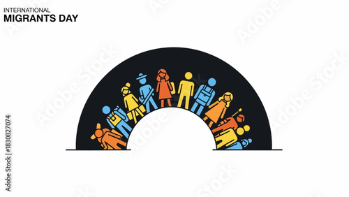 Illustration of diverse people standing together under an arch on International Migrants Day with a white background and bold colors.