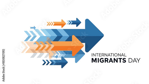 Graphic design for International Migrants Day with a large blue arrow and smaller arrows in orange and blue hues on a white background.
