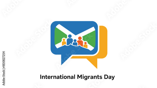 Graphic illustration of International Migrants Day with a blue speech bubble containing diverse people icons on a white background.