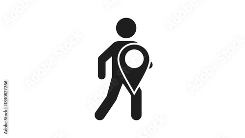 A simple black icon of a person walking with a location pin on their side against a white background.