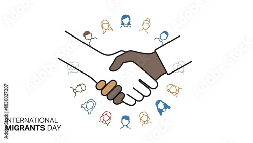Illustration of two hands shaking surrounded by diverse human icons on International Migrants Day with a white background and colorful tones.