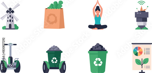 Set of icons representing sustainable living and eco-friendly concepts