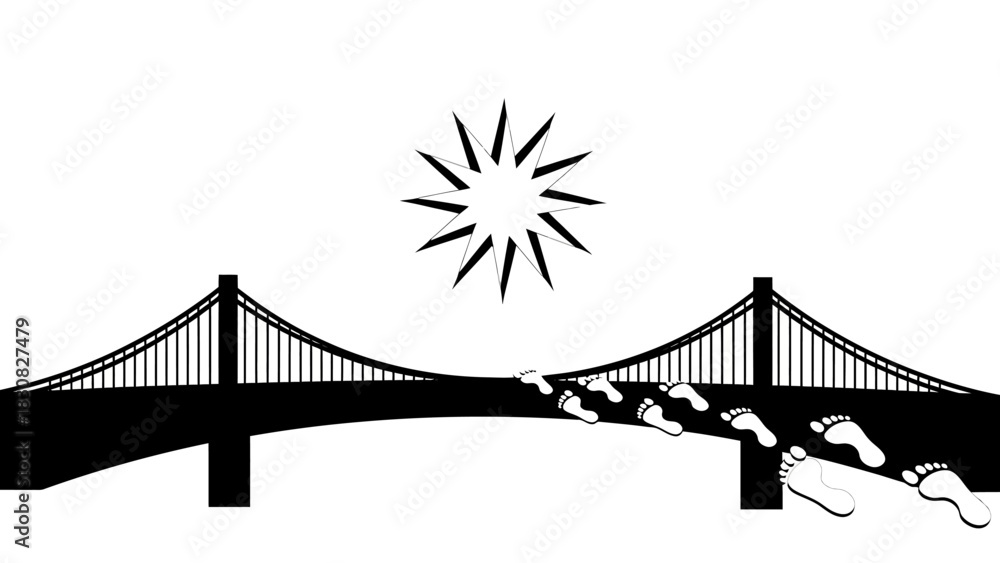 Fototapeta premium Black silhouette of a suspension bridge with cables and pylons under a stylized sun on a white background.