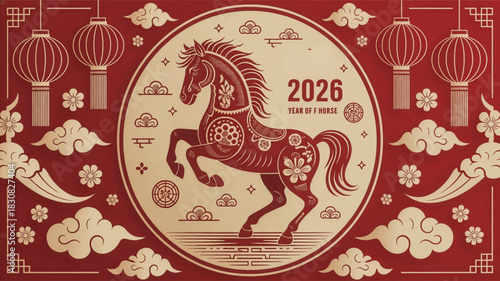 2026 Year of the Horse art with bold traditional styling. Dynamic zodiac horse graphic for 2026 celebrations. Chinese New Year 2026 horse in ornate festive elements
