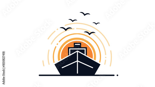 Illustration of a dark blue ship with white accents in front of an orange sunburst and flying birds on a white background.