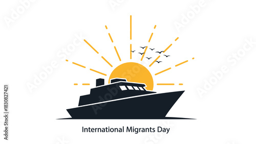 Graphic illustration of a boat with a sunburst design celebrating International Migrants Day on a white background with orange and black colors.
