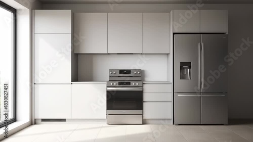 An empty room transforms into a modern kitchen with sleek white cabinets and appliances. Stainless steel appliances and a clean design complete the contemporary living space.