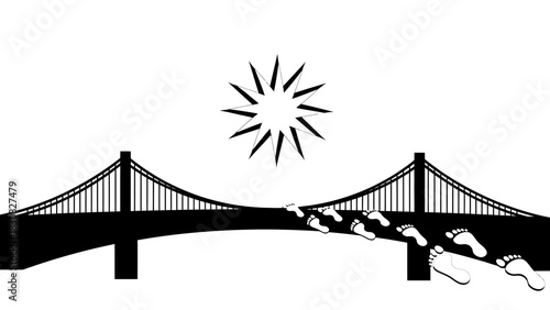 Black silhouette of a suspension bridge with cables and pylons under a stylized sun on a white background.
