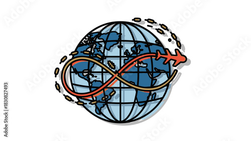 Illustration of a blue globe with a red and yellow infinity symbol wrapped around it on a white background.