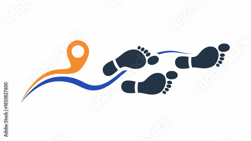 A graphic illustration of black footprints and an orange location pin following a blue wavy line on a white background with a minimalist design.