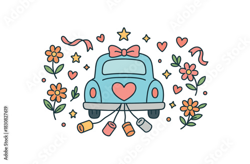 Wedding flat vector illustration collection of cute wedding icons getaway : flowers cans ribbons hearts stars arranged horizontal composition handdrawn outlines bright color palette minimal