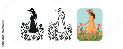 flower field icons three icons of woman walking through blooming field gently touching flowers one flat solid monochrome one thin black outline black and white one full color flat icon