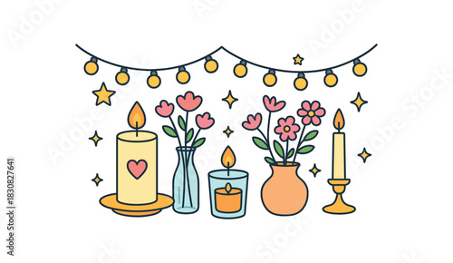 Wedding flat vector illustration collection of cute wedding icons reception decor: fairy lights candles vases stars arranged horizontal composition handdrawn outlines bright color palette