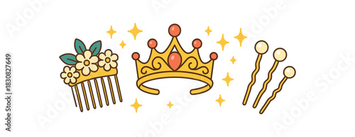 Wedding flat vector illustration collection of cute wedding icons bridal hair accessories: tiara comb pearl pins sparkles arranged horizontal composition handdrawn outlines bright color