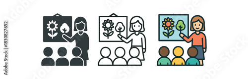 eco classroom icons three icons of teacher showing nature drawings to kids one flat solid monochrome one thin black outline black and white one full color flat icon with cheerful classroom