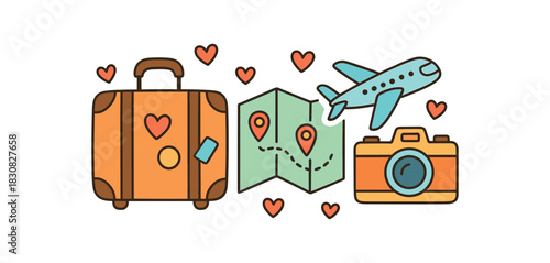 Wedding flat vector illustration collection of cute wedding icons honeymoon suitcase map plane camera hearts arranged horizontal composition handdrawn outlines bright color palette minimal