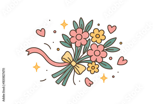 Wedding flat vector illustration collection of cute wedding icons bouquet toss: flying flowers ribbon petals sparkles arranged horizontal composition handdrawn outlines bright color palette