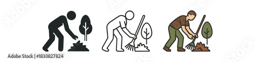 forest cleanup icons three icons of people gathering natural debris using only hands and rakes one flat solid monochrome one thin black outline black and white one full color flat icon with