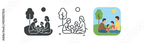 outdoor family meet icons three icons of and families meeting park sitting on grass one flat solid monochrome one thin black outline black and white one full color flat icon cheerful
