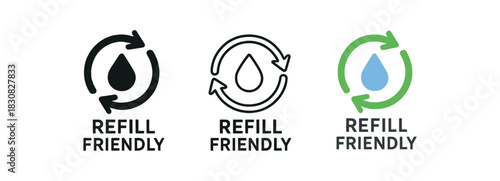 refill friendly icons three refill friendly arrow loop icons one flat solid monochrome one thin black outline black and white one full color flat icon with small droplet shape