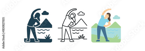 outdoor stretching icons three icons of woman stretching near lake one flat solid monochrome one thin black outline black and white one full color flat icon pastel blue and green
