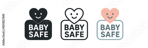 baby safe icons three baby safe badge icons one flat solid monochrome one thin black outline black and white one full color flat icon with soft pastel heart