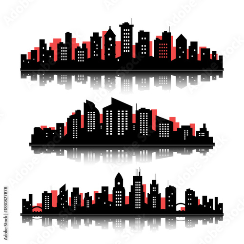 Fotografi Set of black silhouettes of flat cities panorama of red and black buildings arch