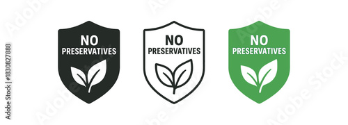 no preservatives icons three no preservatives shield leaf icons one flat solid monochrome one thin black outline black and white one full color flat icon green