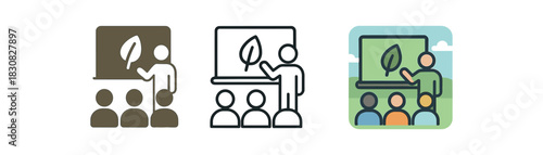 eco community icons three icons of people attending outdoor eco talk one flat solid monochrome one thin black outline black and white one full color flat icon soft outdoor hues