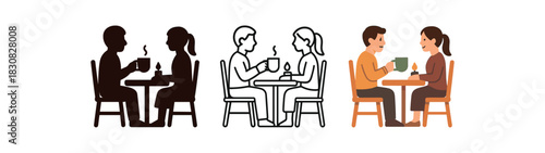 evening tea icons three icons of couple drinking herbal tea from ceramic mugs at small table one flat solid monochrome one thin black outline black and white one full color flat icon with