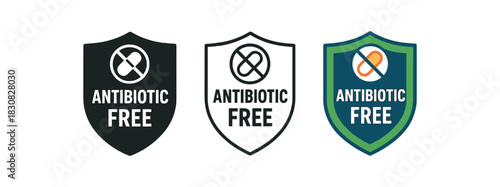 antibiotic free icons three antibiotic free shield icons one flat solid monochrome one thin black outline black and white one full color flat icon with tiny capsule crossed