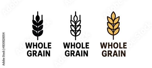 whole grain icons three whole grain ear icons one flat solid monochrome one thin black outline black and white one full color flat icon with golden grain