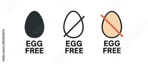 egg free icons three egg free allergen icons one flat solid monochrome one thin black outline black and white one full color flat icon with crossed egg outline