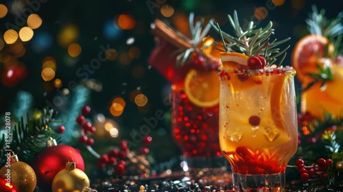 A festive scene with a glass of cocktail topped with berries and lemon slice, surrounded by Christmas ornaments in the background. A warm holiday spirit atmosphere.