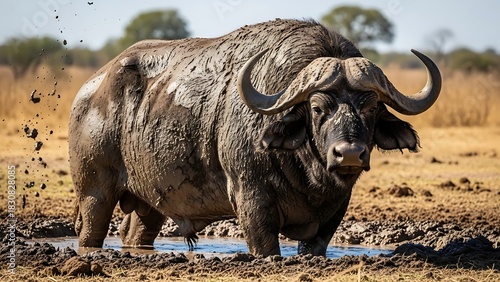 A dangerous Cape buffalo bull with massive horns in the wild African nature of a national park savannah