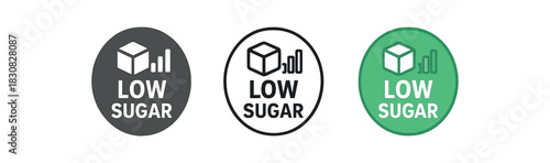 low sugar icons three low sugar badge icons one flat solid monochrome one thin black outline black and white one full color flat icon with tiny bar chart