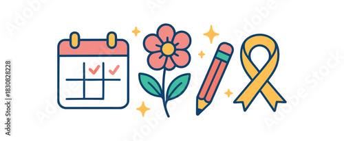 Wedding flat vector illustration collection of cute wedding icons wedding planner tools: calendar flower pencil ribbon sparkles arranged horizontal composition handdrawn outlines bright