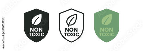 non toxic icons three non toxic leaf shield icons one flat solid monochrome one thin black outline black and white one full color flat icon green