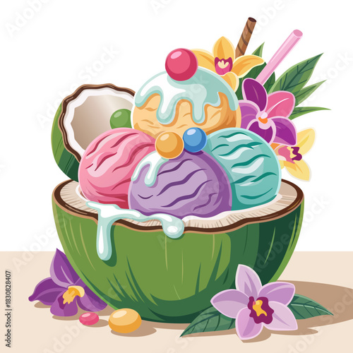 Tropical coconut ice cream sundae with orchids