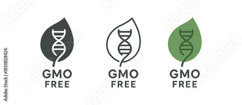 GMO free icons three GMO free DNA leaf icons one flat solid monochrome one thin black outline black and white one full color flat icon with green helix