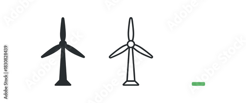 wind turbine icons three wind turbine icons one flat solid monochrome one thin black outline black and white one full color flat icon light gray with tiny green base