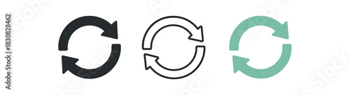 circular arrow icons three circular arrow loop icons one flat solid monochrome one thin black outline black and white one full color flat icon soft green