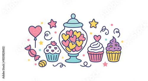 Wedding flat vector illustration collection of cute wedding icons candy bar: jar sweets cupcakes stars ribbons arranged horizontal composition handdrawn outlines bright color palette