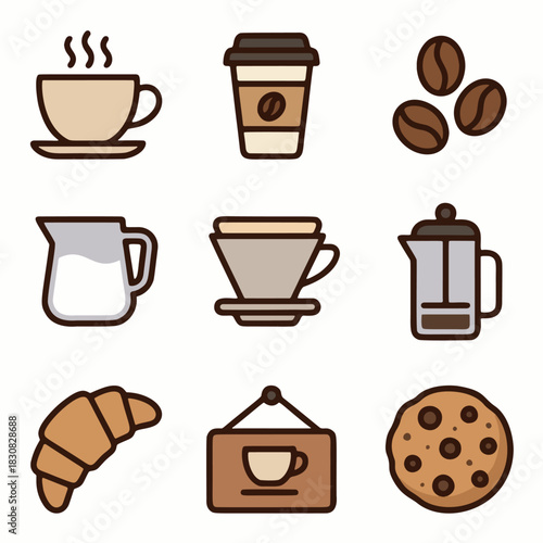 Set of colored coffee shop vector icons including french press pour over and croissant isolated on white