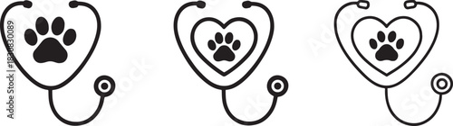 Silhouette stethoscope with paw icons symbolizing veterinary care, pet health, and animal wellness.