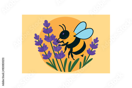 Flat vector illustration of bright bumblebee collecting nectar from vivid lavender sprigs rounded forms clean outline