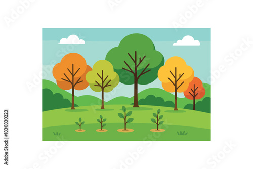 Flat vector illustration of colorful restored forest landscape with vivid trees at different growth stages rounded canopies clean vector look